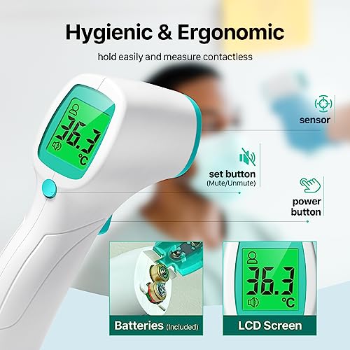 Non Contact Forehead Thermometer for Adults and Kids, Digital No-Touch Infrared Thermometer Temperature Gun for Baby ，3 Color Fever Alarm Accurate Reading 1s Fast Accurate Reading