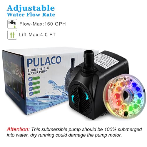 160GPH Small Fountain Pump, 10Watt Submersible Pump with Automatic Color Changing LED Light and 3.3 ft Tubing for Water Feature, Outdoor Pond, Aquarium fish tanks