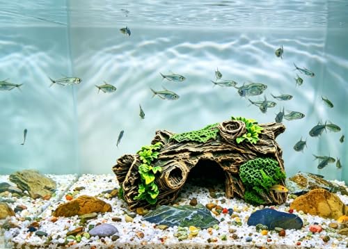 Aquarium Hollow Tree Trunk Decoration-Resin Betta Fish Cave Hide with 3 Entry Holes | Hideout & Resting Decor for Nano Fish,Guppies & Small Fish Tanks|6.6"×3.3"×2.1" - size: xs