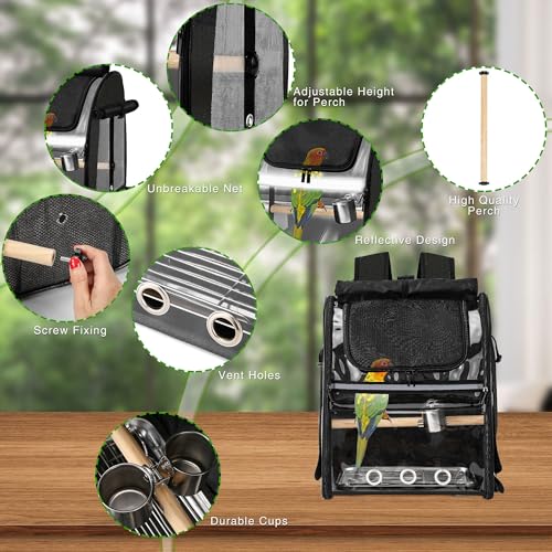 Bird Carrier Bag with Indestructible Stainless Steel Mesh, Bird Travel Cage with Stand, Easy to Clean Backpack for Parrot, Portable Bird Travel Bag, Black - color: Black