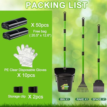 Pooper Scooper - 38" Long Adjustable Metal Handle Dog Pooper Scooper Swivel Bin & Rake & Spade with 50 Bags Attachment, Portable Heavy Duty Dog Poop Scooper for Yard Dogs Large Medium Small