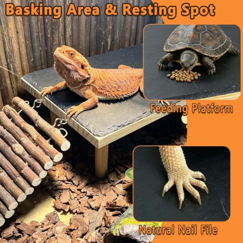 Bearded Dragon Basking Platform with Climbing Ramp,Reptile Basking Rock,XL | Wooden Lizard Resting Platform Basking Rock Slate,Leopard Gecko Hide Cave Tank Accessories for Tortoise Snake - size: XL: 13.78"x 7.87"x 4.56"