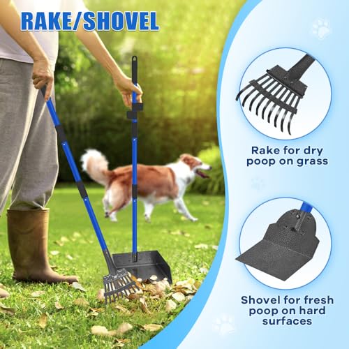 Larger Dog Pooper Scooper for Large Medium Small Dogs Stainless Steel | Heavy Duty No Bending with Rake & Shovel & Extra Large Tray for Yard - color: 2.Blue with black