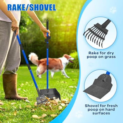 Larger Dog Pooper Scooper for Large Medium Small Dogs Stainless Steel | Heavy Duty No Bending with Rake & Shovel & Extra Large Tray for Yard - color: 2.Blue with black