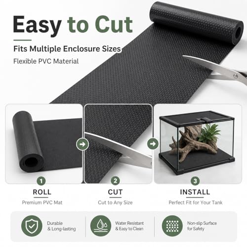 48" x 24" Reptile Terrarium Mat Liner for 4x2x2 120 Gallon Tank, Bearded Dragon Tank Accessories, Non-Adhesive Reptile Carpet Substrate Bedding for Leopard Gecko, Lizard, Snake, Tortoise, Black | Fits most standard 4x2x2 reptile tanks and can be trimmed f