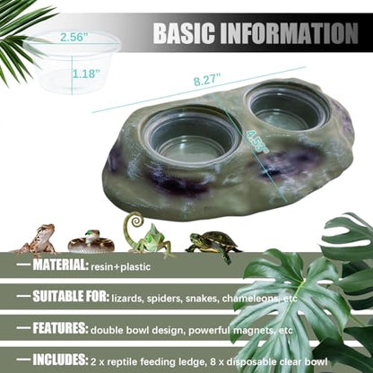 La La Pet 2Pcs Magnetic Reptile Feeding Ledge Double Bowl Feeder Tray with 4 Cups Reptiles Food & Water Dishes for Crested Gecko Bearded Dragon Lizards Chameleons