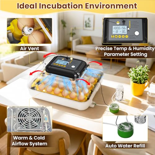 Incubators for Hatching Eggs, 30 Chicken Eggs Incubator with Automatic Egg Turning, Dual Power Supply, Egg Candler, Temperature & Humidity Control with Alert Function, Auto Water Filling
