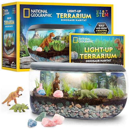 National Geographic Light-Up Dinosaur Terrarium Kit for Kids Ages 6+ | Real Plants and Gemstones, Night Light, Dino Habitat, DIY Science Activity, Dinosaur Toys, Birthday Gift - style: Large Dino Habitat