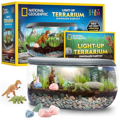 National Geographic Light-Up Dinosaur Terrarium Kit for Kids Ages 6+ | Real Plants and Gemstones, Night Light, Dino Habitat, DIY Science Activity, Dinosaur Toys, Birthday Gift - style: Large Dino Habitat