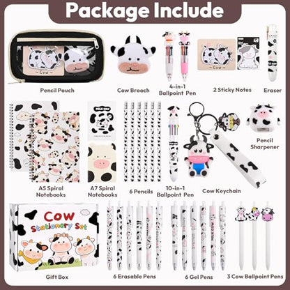 Ulema 36Pcs Cute Cow Stationery Set Birthday Gifts for Boys Girls Back to School and Classroom Rewards Office Supplies with Cow Muticolor Pen, Pencils, Erasers, Sticky Notes etc. - style: Cow