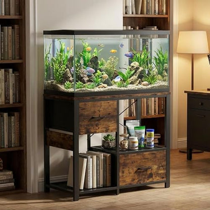 20-29 Gallon Fish Tank Stand, Aquarium Stand with Power Outlet | Heavy-Duty Metal and Wood Aquarium Stand with 6-Leg Support and 4-Tier Open Storage Shelves - color: Brown