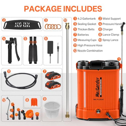 Maxlander 4.2 Gal Battery Powered Backpack Sprayer with 2 x 2.0Ah Battery | 90 Psi Adjustable Pressure, 6 Spray Nozzles, Reach Over 17 Feet, 2 Hours Runtimes, Waist Support