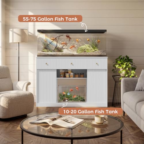 Garvee 55-75 Gallon Fish Tank Stand, Aquarium Stand with Power Outlet, Fish Tank Stand with Storage Cabinets, Drawers, LED Light, Sliding Barn Door Fish & Reptile Tanks Stand for 2 Tanks | Fish Tank Stand with Storage Cabinets, Drawers, LED Light, Sliding