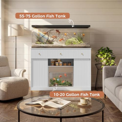 Garvee 55-75 Gallon Fish Tank Stand, Aquarium Stand with Power Outlet, Fish Tank Stand with Storage Cabinets, Drawers, LED Light, Sliding Barn Door Fish & Reptile Tanks Stand for 2 Tanks | Fish Tank Stand with Storage Cabinets, Drawers, LED Light, Sliding