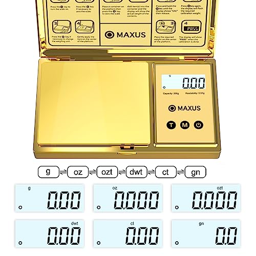Digital Gram Scale 200g x 0.01g, Gold Pocket Scale for Jewelry, Food | Gold Plated Cover and Platform, Measures Grams and Ounces, Compact Scale for Grains, Gems, Coins and Small Items - color: Gold