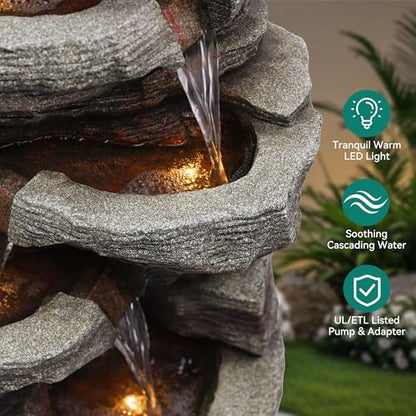 39.4" 6-Tier Cascading Rock Outdoor Fountain LED Bird Waterfall | hand-carved stone with birds, garden patio porch backyard - color: 39.4"h Gray