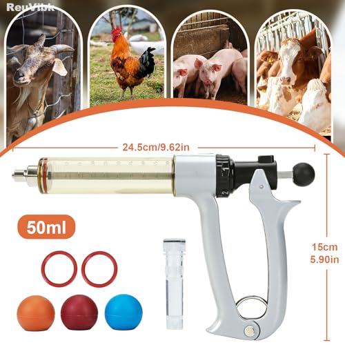 50ml Semi-Auto Repeating Livestock Syringe Gun, 5 Dose Settings | Ergonomic Grip, Clear Barrel & Luer Lock, Vet Injector for Cattle, Horses, Goats, Sheep & Pigs - color: Silver Gray50ML-B