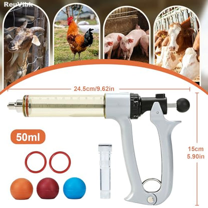 50ml Semi-Auto Repeating Livestock Syringe Gun, 5 Dose Settings | Ergonomic Grip, Clear Barrel & Luer Lock, Vet Injector for Cattle, Horses, Goats, Sheep & Pigs - color: Silver Gray50ML-B