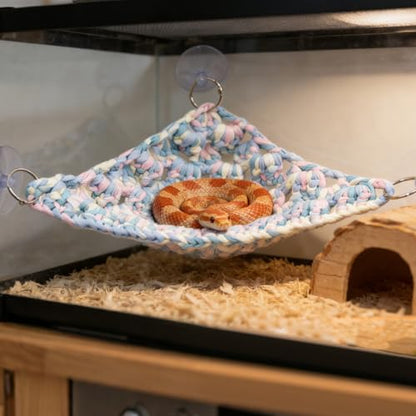 Hand-Woven Triangle Snake Hammock - 12"x12"x15" Cotton Rope Climbing Resting Lounge with Suction Cups for Reptile Tank Decor, Suitable for Bearded Dragon Chameleon Ball Python Gecko Lizard