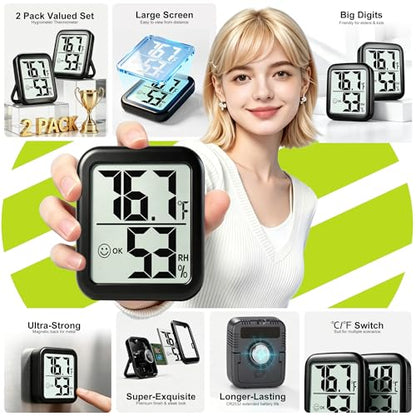 2 Pack Room Thermometer Indoor Hygrometer | Monitor Temperature & Humidity, Accurate, Fast Read, Easy To View, Magnetic/Kickstand/Hanging, ℉/℃, w/ Battery, Compact - color: 2 Pcs * Classic Black ( 97%+ Choice )