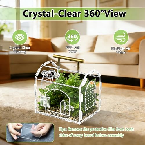 5.9" Acrylic Spider Enclosure, Clear Habitat with Magnetic Door | Clear acrylic habitat with magnetic feeding door and ventilation holes for jumping spiders tarantulas and small invertebrates - size: Handle House Acrylic Terrarium