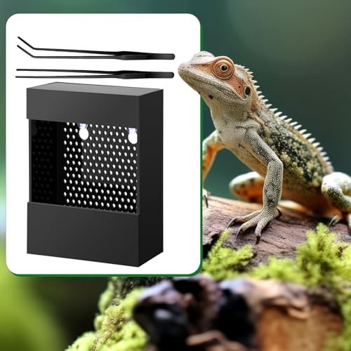 Geyoga Bearded Dragon Feeder with Suction Cups and 2 Tweezers Chameleon Bug Bowl Bug Feeder for Bearded Dragon Acrylic Reptile Feeding Box Tank and Aquarium Accessories for Lizard Gecko Frog(Black) - color: Black