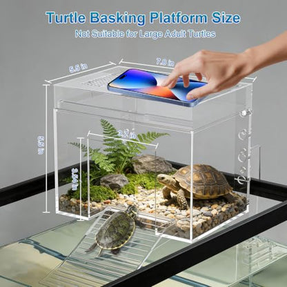 Adjustable Turtle Basking Platform, 7.8 x 5.5 x 5.5 Inch Above Tank Topper with Ramp for Small and Medium Aquatic Turtles, Transparent Acrylic Turtle Aquarium Dock Accessories