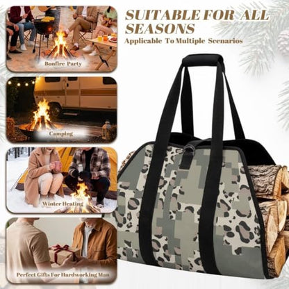 Leopard Camo Print Firewood Carrier Bag for Fireplace Camping | Soft Padded Handles, Large Capacity, Lightweight Foldable Design, for RV Trips and Backyard Fire Parties - color: Gray Block Leopard Camo Splice Print