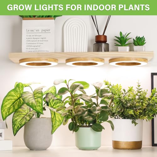 LORDEM 6.3" Bamboo Ceiling Grow Lamp for Indoor Plants, 216 LEDs Full Spectrum Halo Plant Light, Under Cabinet Grow Lights with 4/8/12H Auto Timer Switch Modes, 4 Dimmable Brightness Levels, Tri Head - color: Triple Light--Bamboo