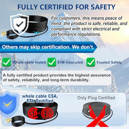 3FT Water Pipe Heat Cable, Pipe Freeze Protection Tape 7W/FT | Protects water-filled metal and plastic pipes from freezing. Install in a straight line only. CSA & ETL certified. - style: 3 Feet
