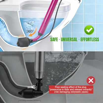 Manual Drain Unclogger with Adaptive Inflatable Plug, Fits NPS1.5~4.5" Pipes for Toilet/Sink/Bathtub, No Extra Accessories, Hand Pump Pressure & Washable, Lightweight Toilet Plunger & Drain Auger Tool | Fits NPS 1.5-4.5" pipes, washable, no electricity, n