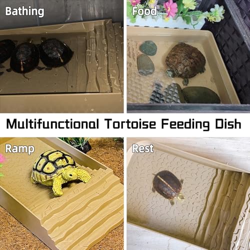 7 PCS Reptile Water Dish Bathing Pool Tortoise Habitat Accessories | plastic,water proof,multi-function,with climbing ramp food dishes reptile plants tweezer,for turtle gecko snake frog - color: faint yellow