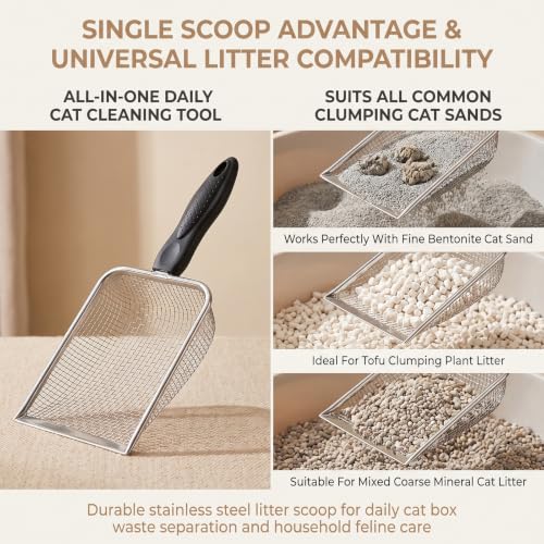 Fine Mesh Cat Litter Scoop Stainless Steel Sifter with Handle | 8-Mesh Fine Grid Cat Litter Scoop with PP Handle; Fast Sifting for Clumping Litter; for Cat Litter & Reptile Sand Cleaning