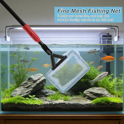7-in-1 Aquarium Cleaning Kit with Telescopic Handle, Fish Tank Maintenance Tools Set, 20.8-32 Inch Extension, Includes Algae Scraper, Net, Gravel Rake, Brushes for Fresh and Saltwater