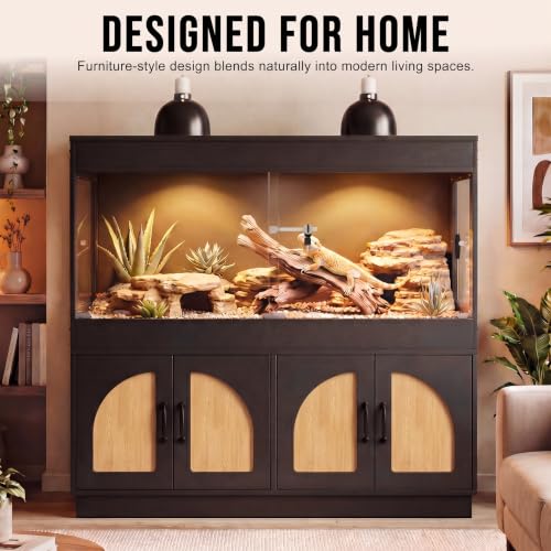 120 Gallon Reptile Terrarium Tank and Storage Cabinet, Black Finish | 4x2x2 Reptile terrarium with stand, glass doors, locking mesh top, acrylic side panels, built-in power, storage cabinet - color: Black