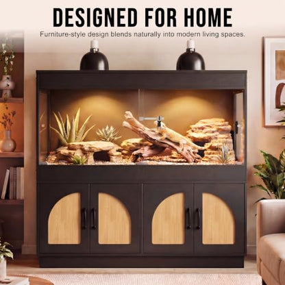 120 Gallon Reptile Terrarium Tank and Storage Cabinet, Black Finish | 4x2x2 Reptile terrarium with stand, glass doors, locking mesh top, acrylic side panels, built-in power, storage cabinet - color: Black