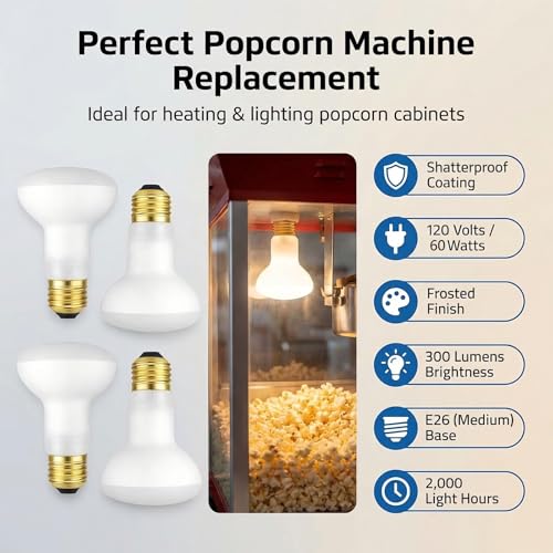 R20 60W Popcorn Machine Bulb 2-Pack | S4886 2700K E26 Dimmable | S4886 REPLACEMENT: Direct fit for S4886. Works in Paragon, Great Northern, Cuisinart popcorn machines and food warmers.