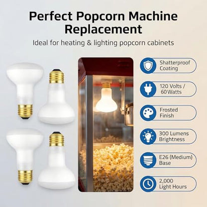 R20 60W Popcorn Machine Bulb 2-Pack | S4886 2700K E26 Dimmable | S4886 REPLACEMENT: Direct fit for S4886. Works in Paragon, Great Northern, Cuisinart popcorn machines and food warmers.