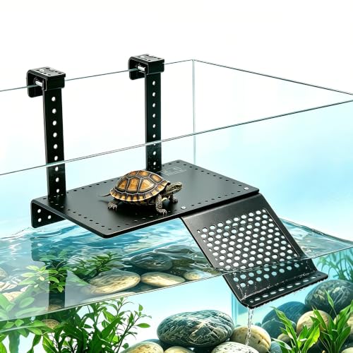 Adjustable Hanging Acrylic Turtle Basking Platform 8"x4.6" | Black Turtle Dock with Non-Slip Climbing Ramp, Fits 0.3"-2" Thick Aquarium Rims, High Water Level Basking Terrace for Aquatic Turtles & Reptiles M Size