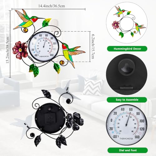 Hummingbird Outdoor Thermometer No Need Battery | 15" Indoor Wall Thermometers, Decorative Metal Thermometerfor for Garden Patio Home Room - color: Hummingbird & Flower