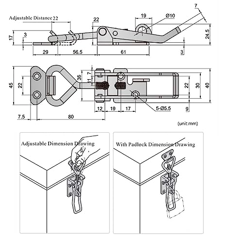 Adjustable Latch Buckle Cabinet Boxes Lever Handle Toggle Catch Latch Lock,Silver,Adjustable Range 126-148mm,2 Pcs - size: 3S,Range:126-148mm