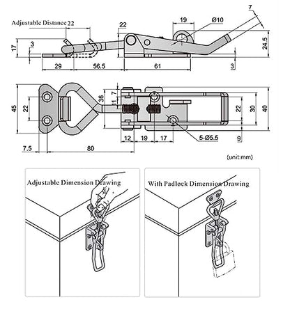 Adjustable Latch Buckle Cabinet Boxes Lever Handle Toggle Catch Latch Lock,Silver,Adjustable Range 126-148mm,2 Pcs - size: 3S,Range:126-148mm