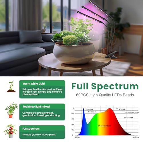 Plant Lights, 3 Heads Clip On Grow Lights for Indoor Plants | Full Spectrum, Timer 6/12/16Hrs, 3 Spectrums, 5 Dimmable Levels, Flexible Gooseneck - size: (1 Pack)3 Arms