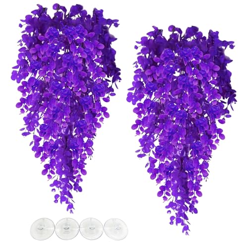 Hamiledyi Fake Reptile Plants 2 Pack Hanging Fake Plants, Plants for Reptiles with Suction Cup, Fake Amphibian Plants for Bearded Dragon Lizard Geckos Chameleon Tank (Purple) - color: Purple, size: 2 PCS