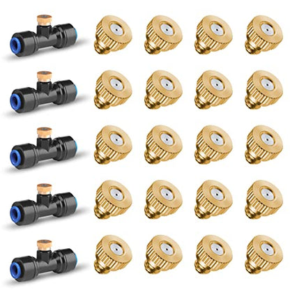 20 Pack Brass Misting Nozzles & 5 Pack Tee Misters | Nozzles Replacements for 1/4 inch tubing, For Outdoor Patio Cooling, Garden Watering, Fan Mist System