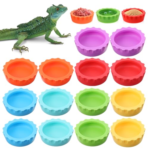 Reusable Small Reptile Food Dish, Crested Gecko Food and Water Feeding Cups, Easy Clean Silicone Small Capacity Worm Bowl, Gecko Tank Accessories (14 Pack, 7 Colors)