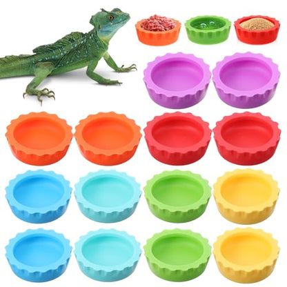 Reusable Small Reptile Food Dish, Crested Gecko Food and Water Feeding Cups, Easy Clean Silicone Small Capacity Worm Bowl, Gecko Tank Accessories (14 Pack, 7 Colors)