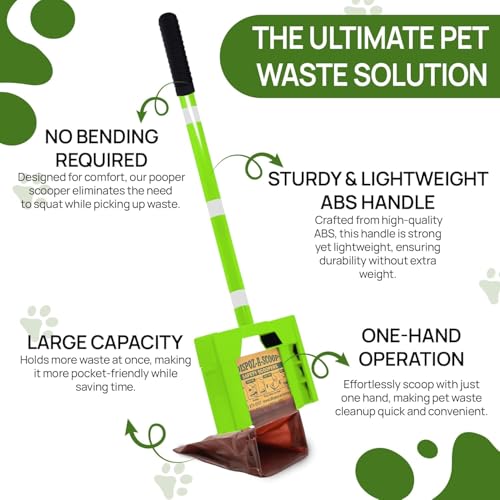 Dispoz-A-Scoop® Revolutionary 4-in-1 Dog Poop Scooper, 24" Handle & 8 Refill Bags - Fast, Easy, Clean with Disposable Bag Attachment, Just Scoop & "Pop" into trash. U.S.A, Always Stays Clean. - style: Bright green for nightime visibility