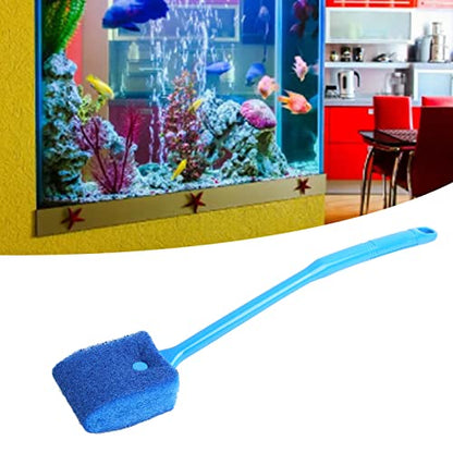 Aquarium Cleaning Brush, Double Sided Sponge Brush with Long Handle Seaweed Scraper for Aquarium with Hanging Holes for Aquarium Acrylic Glass(Blue)