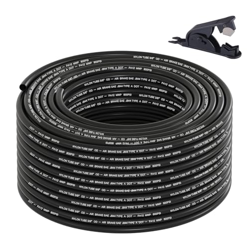 3/8" DOT Air Line, 100FT SAE J844 PA12 Nylon Air Tubing with Cutter | 3/8" DOT-Approved Brake Line, Flexible PA12 Nylon Tubing for Air Suspension Kit, Truck Trailer Brake System & Fluid Transfer - size: 3/8" OD 100FT